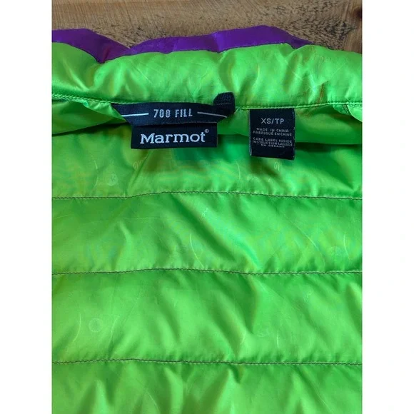 Marmot Womens 700 Fill Down Jena Jacket Purple Lime Green Lightweight Size XS - Picture 5 of 14